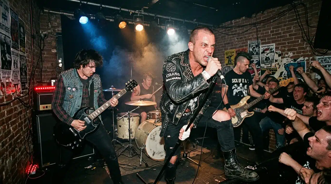 Groupe punk performant devant public enthousiaste en venue bondée