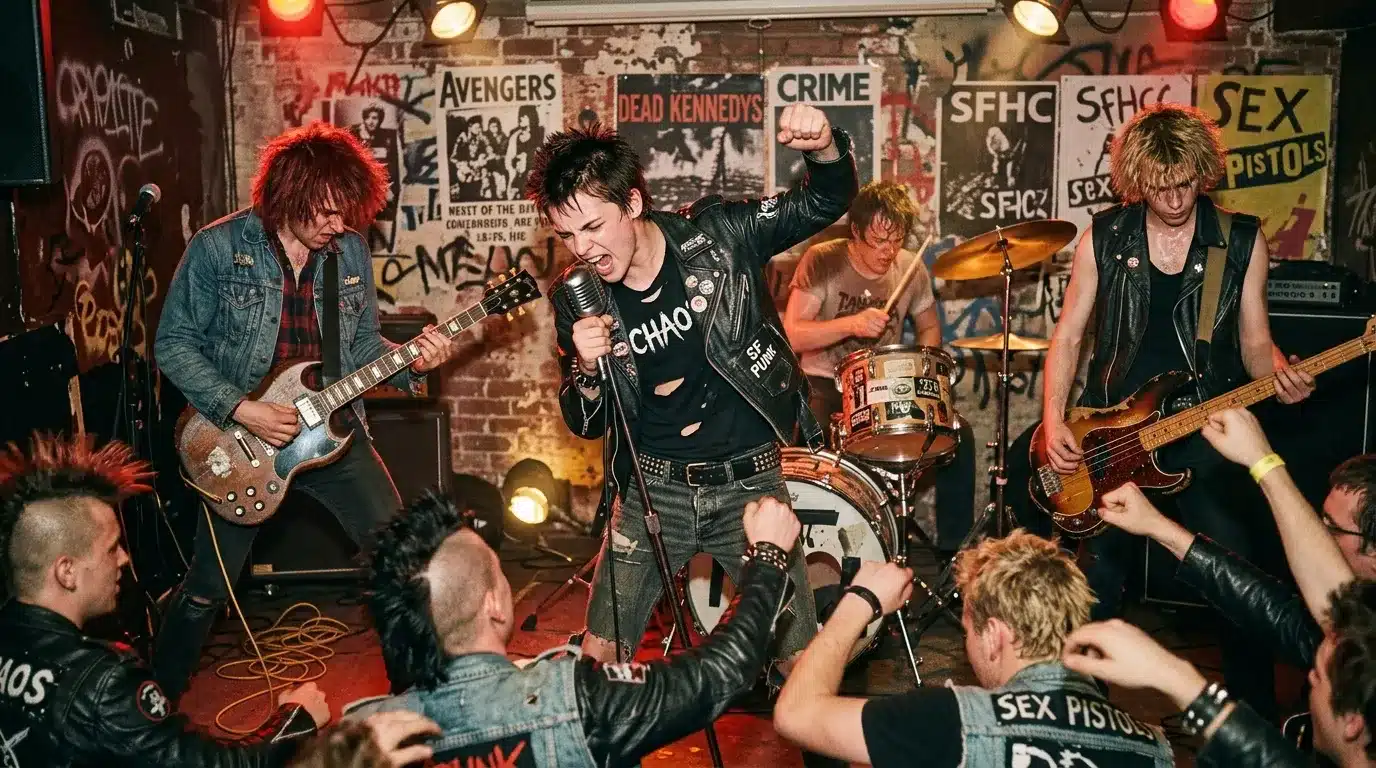 Groupe punk rock performant sur scène devant public enthousiaste