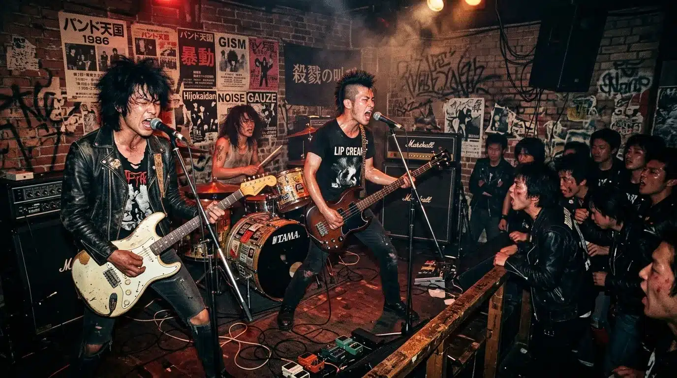 Groupe punk rock performant en petite salle avec murs décorés d'affiches