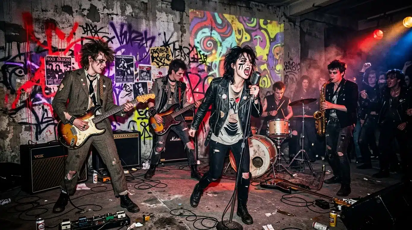 Groupe punk en concert dans venue décorée graffiti coloré