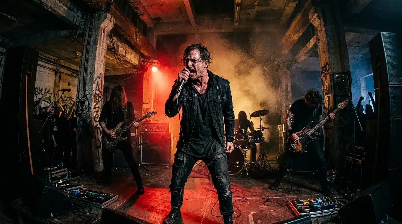 Chanteur rock performant sur scène avec band en arrière-plan