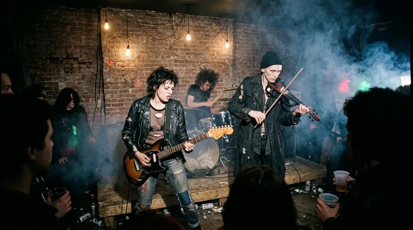 Musiciens jouant guitare et violon sur scène enfumée