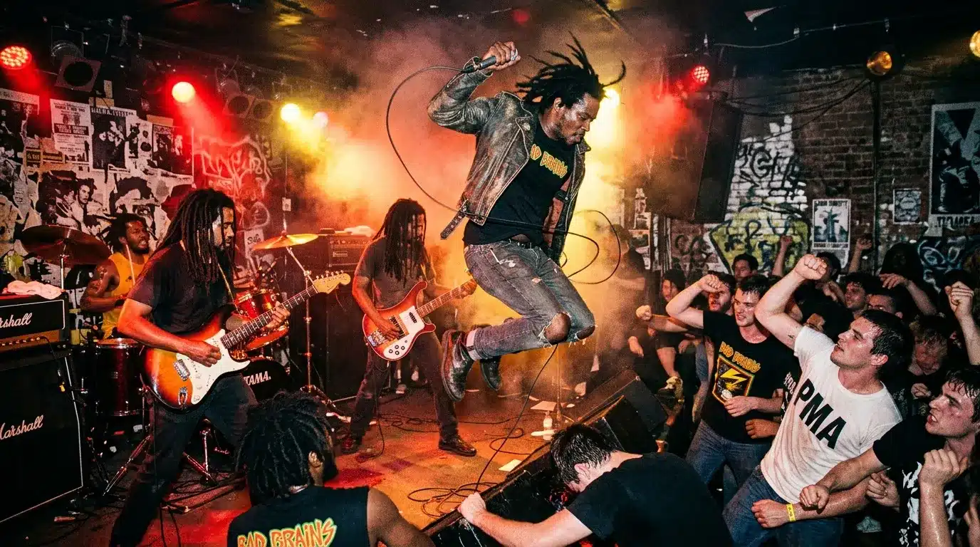 Musiciens en concert rock, public enthousiasmé, atmosphère chaude