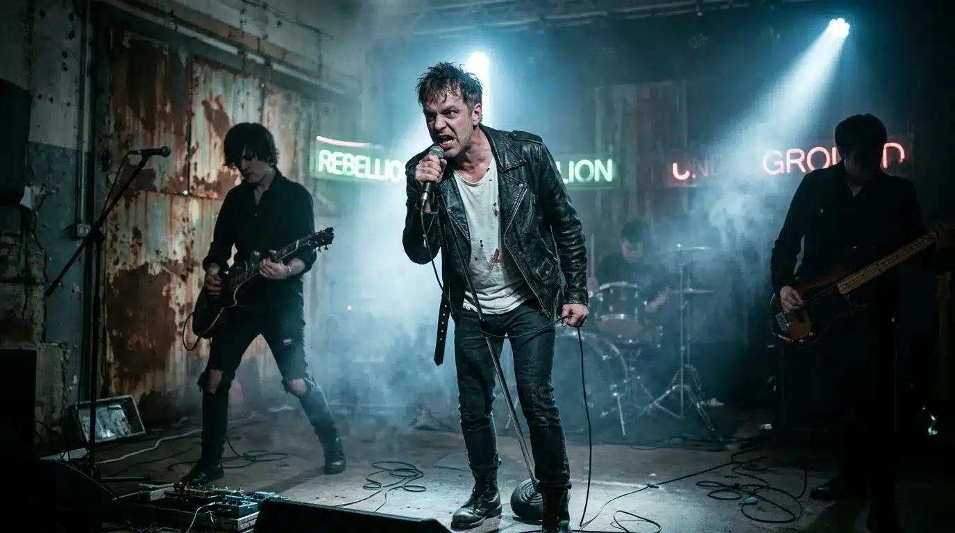 Groupe de rock en live, chanteur au micro, guitaristes, ambiance industrielle.
