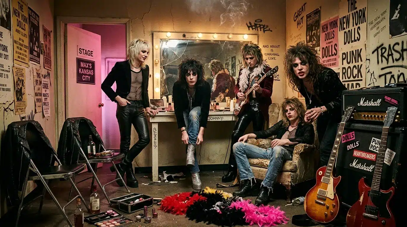 Cinq musiciens en tenue punk dans un vestiaire de concert