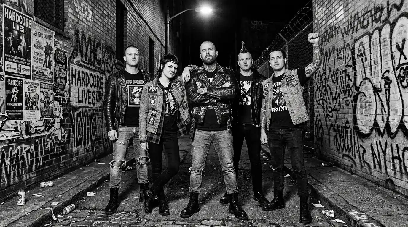 Cinq musiciens punk posent dans une ruelle urbaine graffitée
