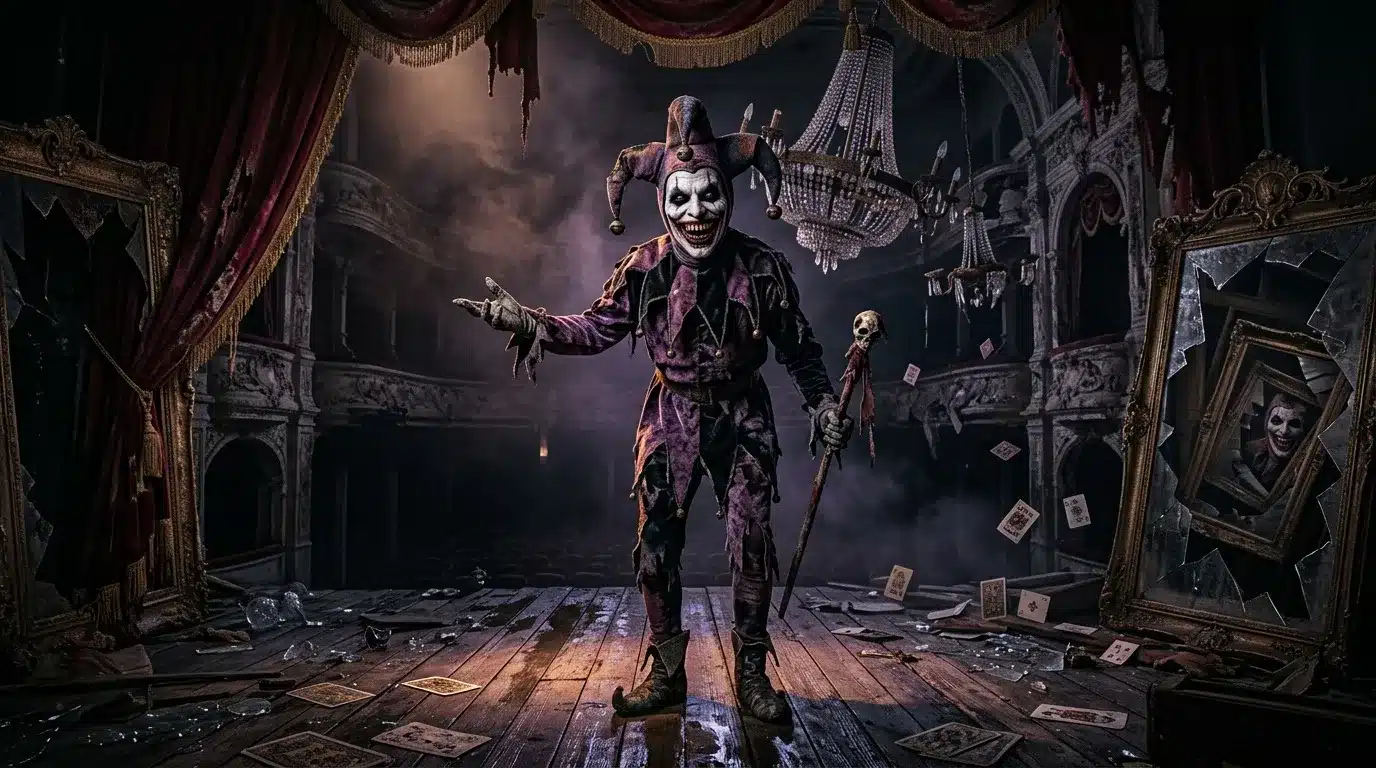 Bouffon grimaçant dans un théâtre gothique abandonné et décadent.