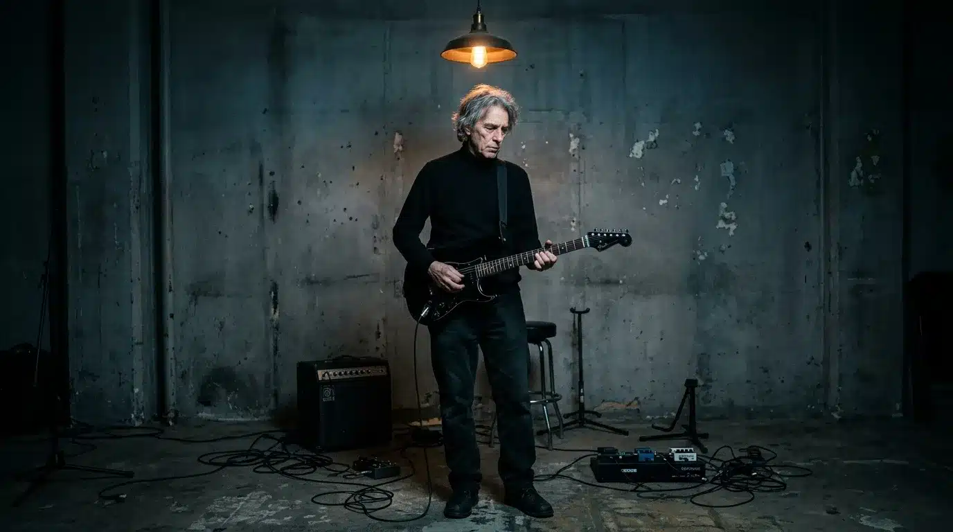 Guitariste jouant dans un sous-sol industriel délabré