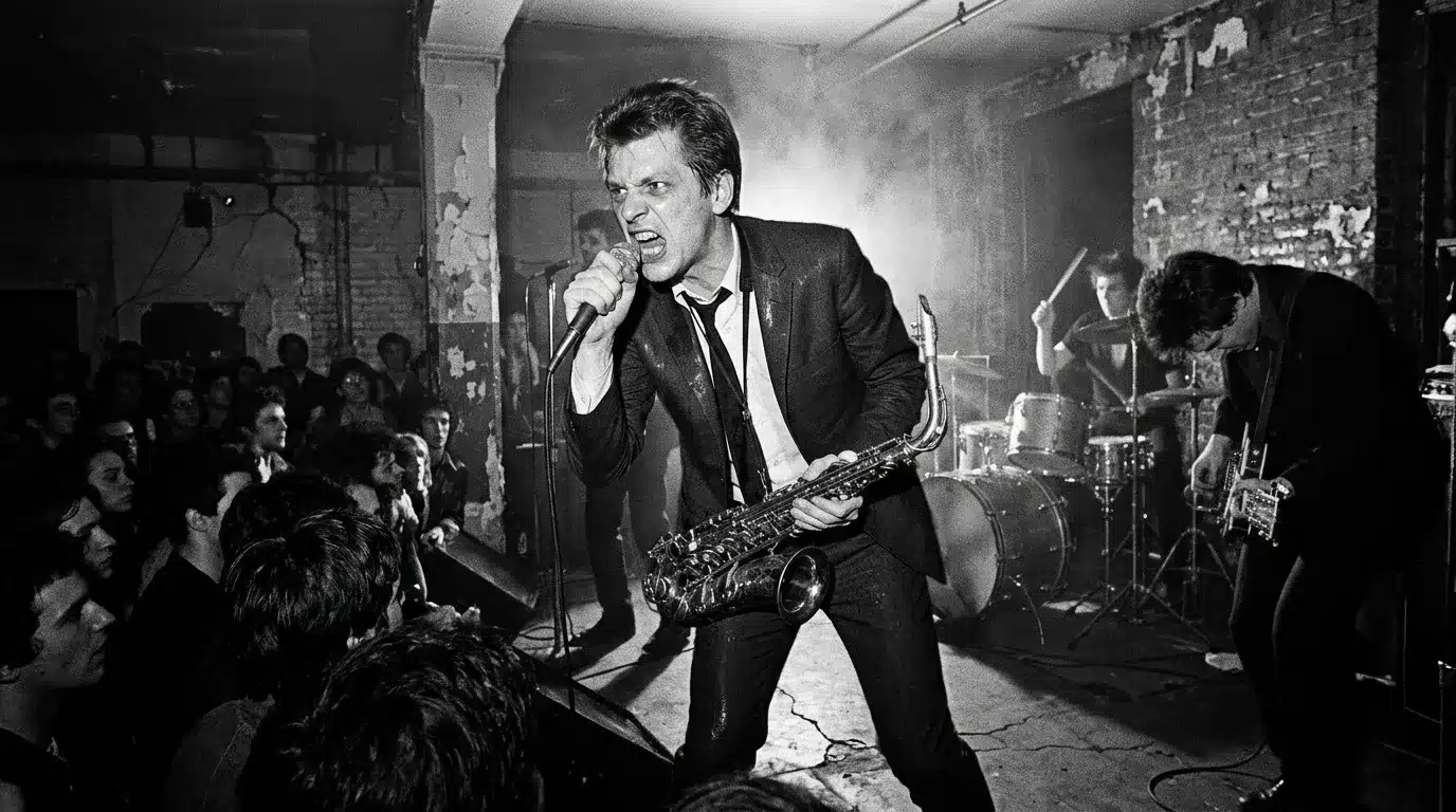 Musicien au saxophone chantant devant un public en salle
