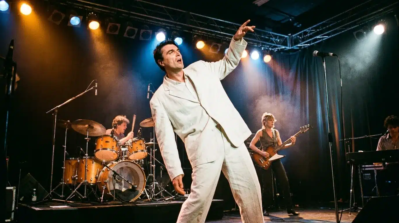 Chanteur en blanc avec groupe de musiciens sur scène éclairée