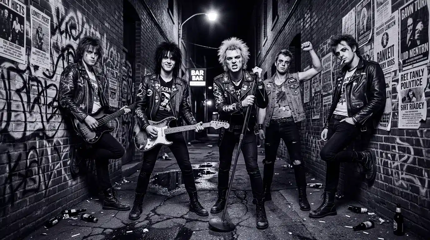 Groupe de rock punk posant dans une ruelle urbaine nocturne.