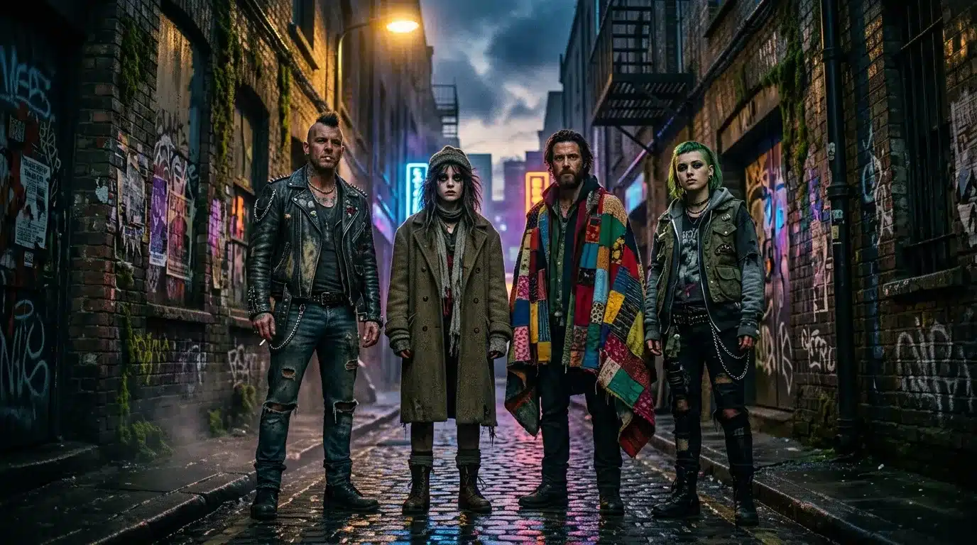 Quatre musiciens punk posent dans une ruelle urbaine éclairée