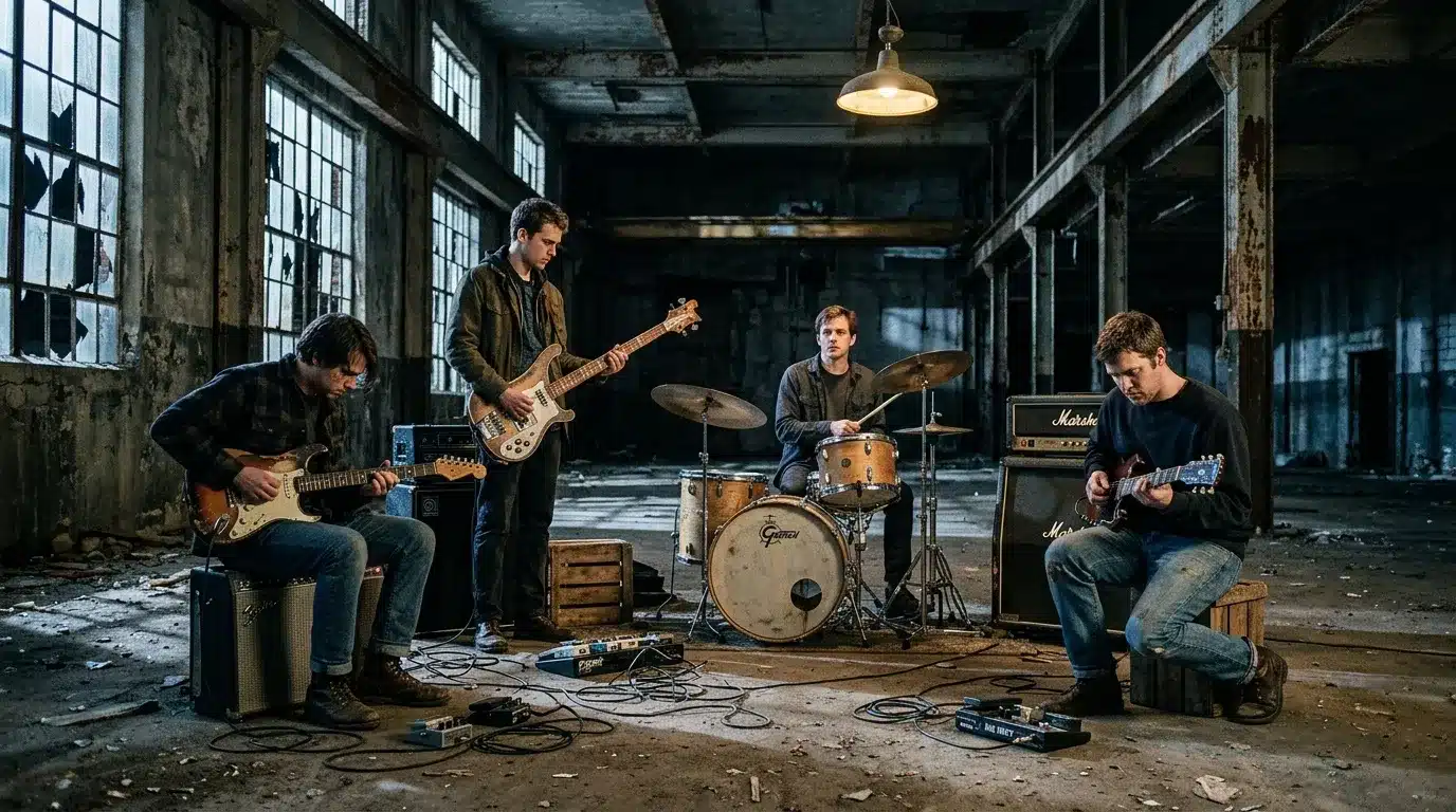 Quatre musiciens jouent dans un entrepôt industriel désaffecté.