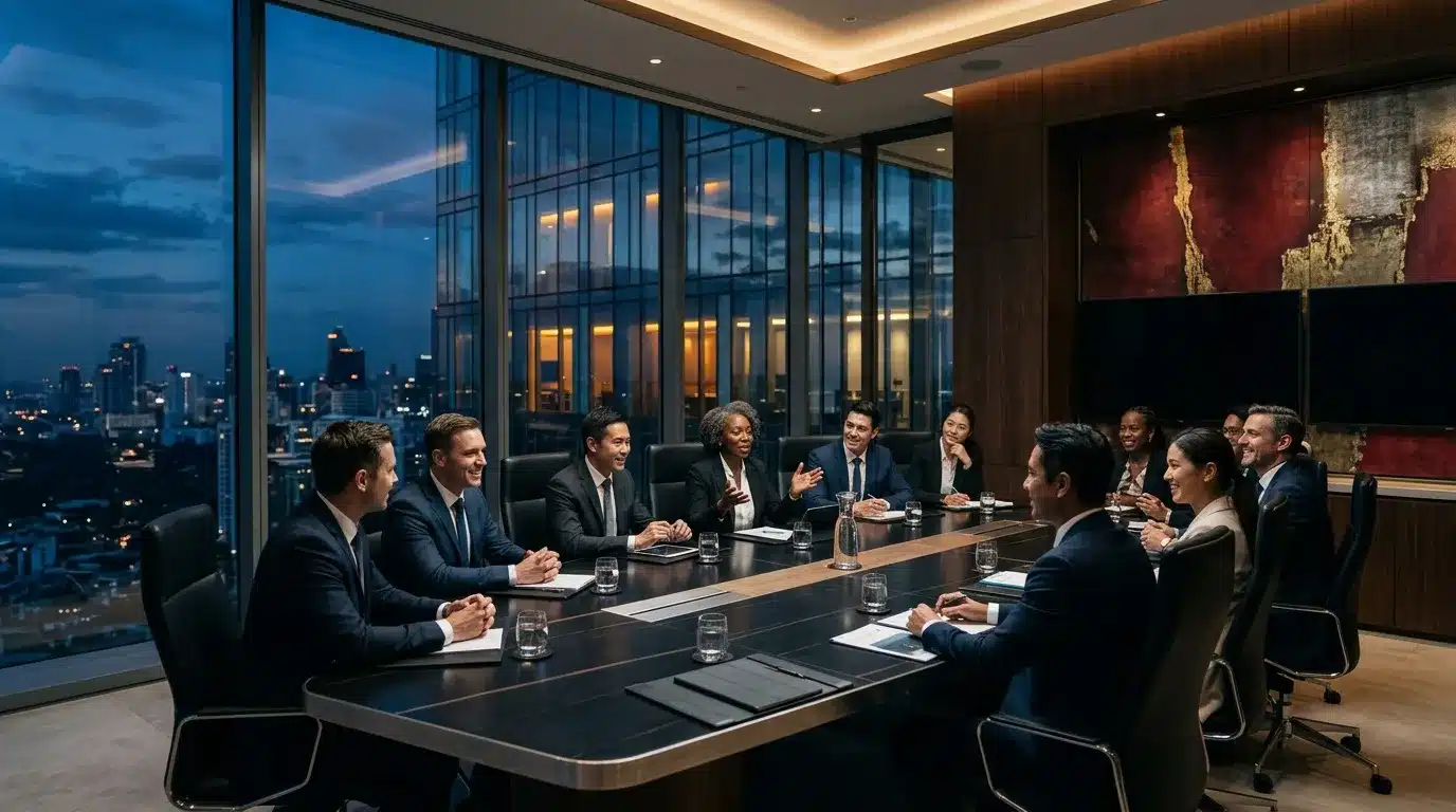 Équipe professionnelle discutant autour table conférence, vue nocturne