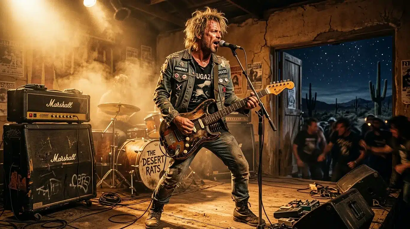 Musicien jouant de la guitare électrique sur scène désertique
