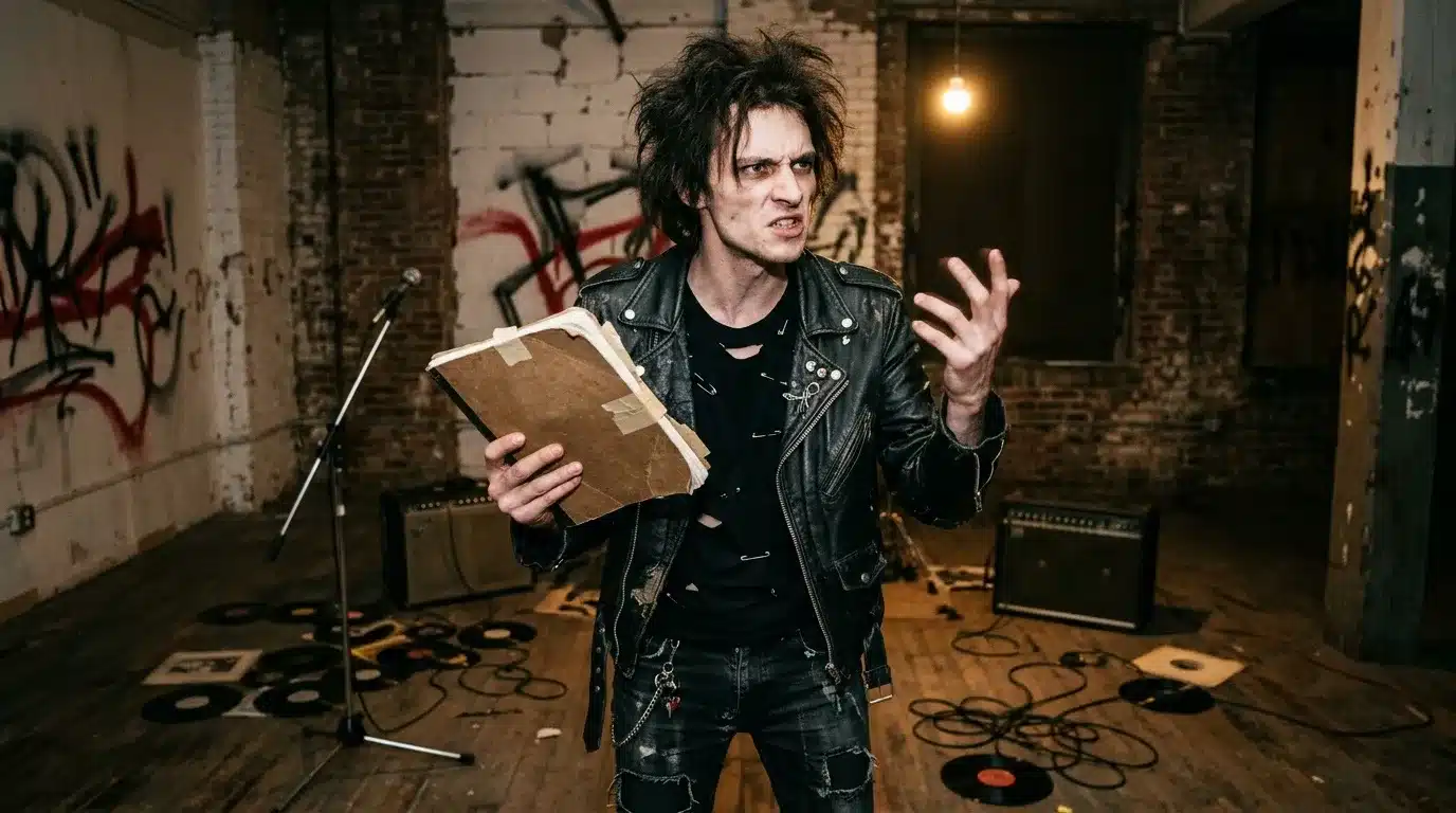 Homme punk avec cuir noir lisant un document en studio