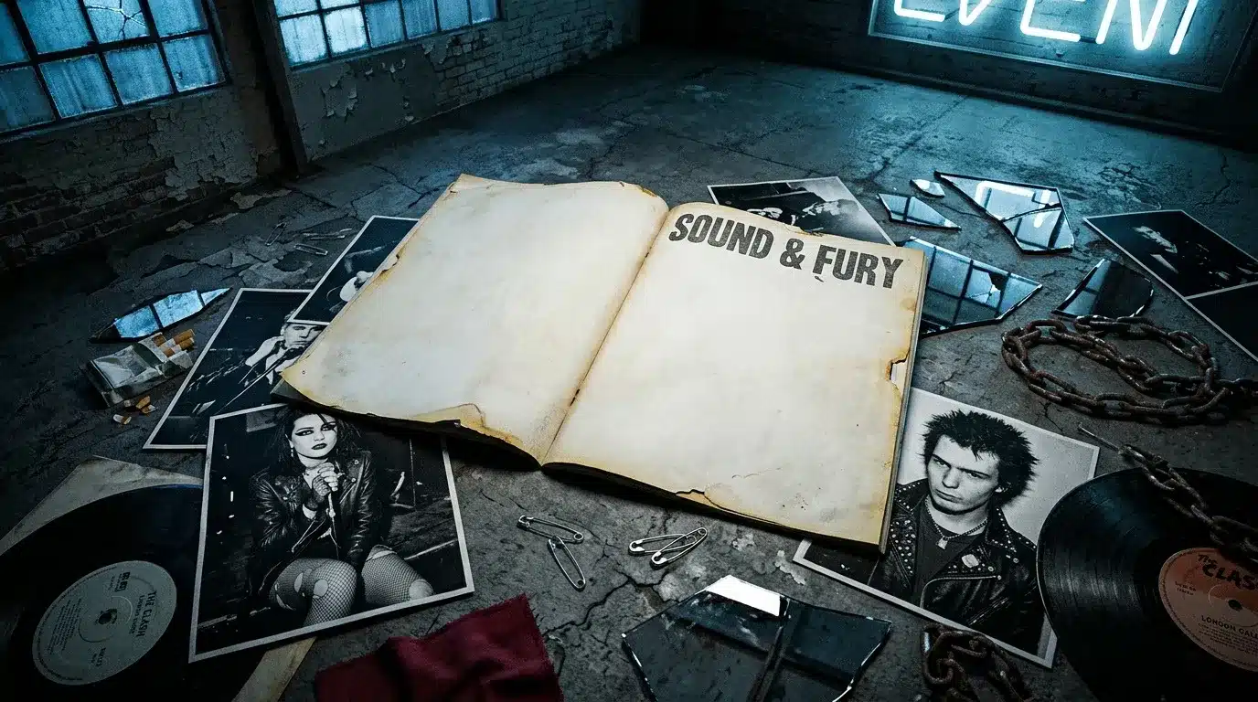 Livre ouvert « Sound & Fury » entouré de photos et vinyles vintage