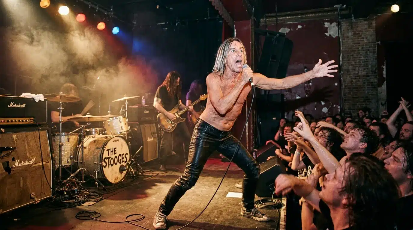 Chanteur torse nu performant sur scène avec groupe rock